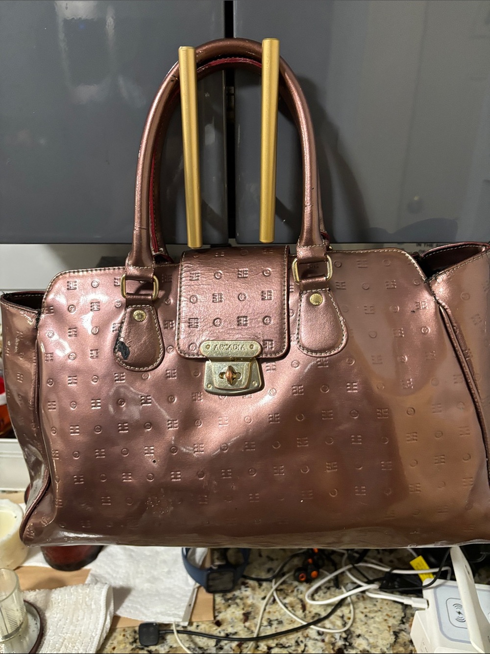 Arcadia Metallic Rose Brown Crossbody Satchel